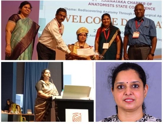 Dr. Mangala Pai, Prof Anatomy and Dy Director Quality and Compliance, MAHE Mangalore is honored with the Dr. Y. Appaji Oration Award by Dr. B. S. Prakash